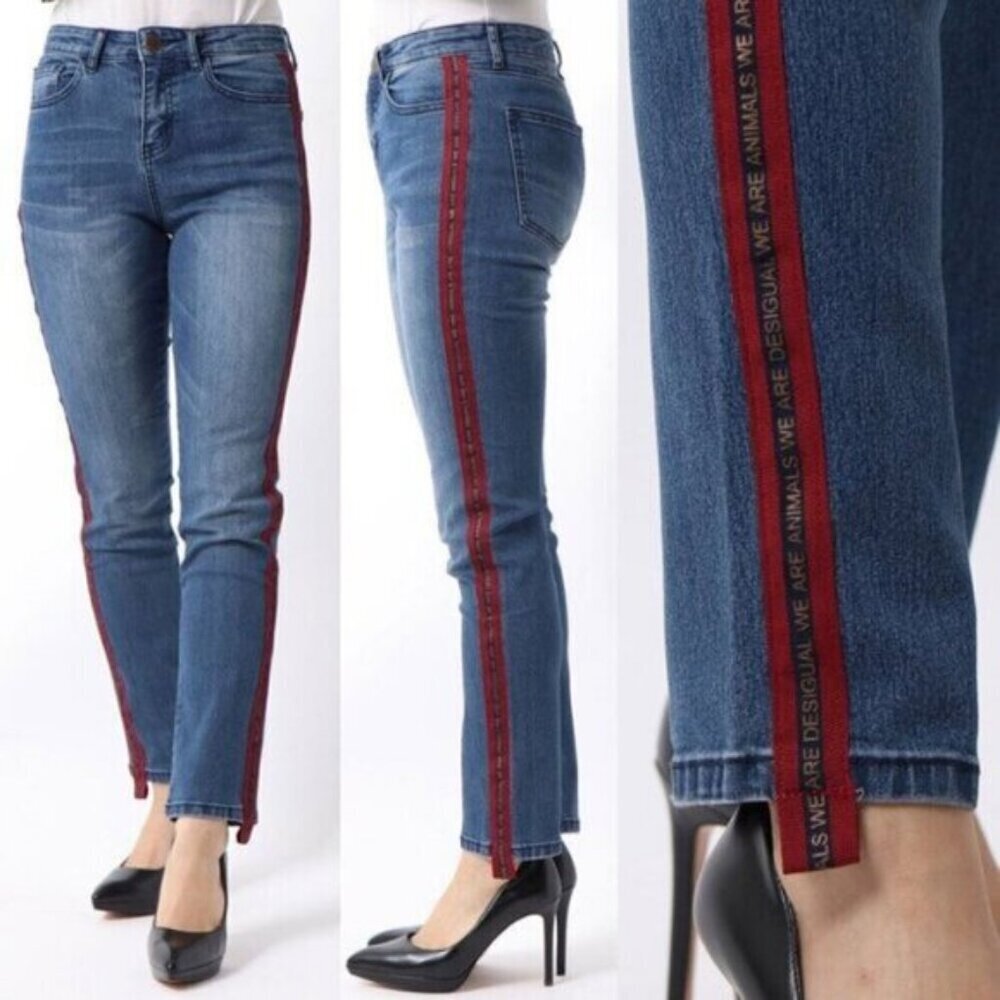 Desigual Skinny Side Striped Cropped Jean Womens Size 0 Blue